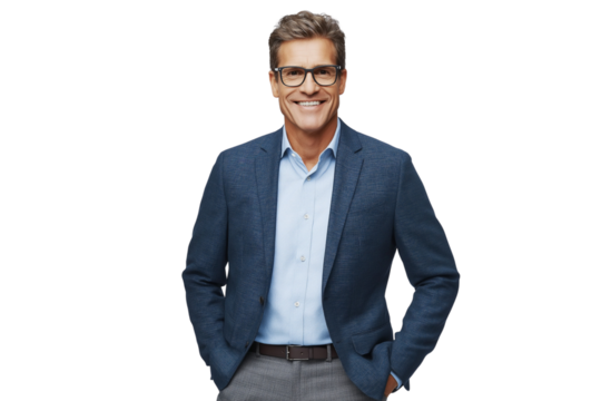 A full-body photograph of an attractive man, smiling and wearing a blue blazer with a shirt underneath and grey pants transparent background