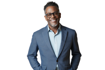  A full-body photograph of an attractive man, smiling and wearing a blue blazer with a shirt underneath and grey pants transparent backgraund