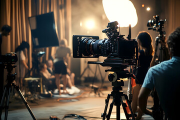 Movie production team working on set with camera equipment and director of photography capturing the perfect scene illustration