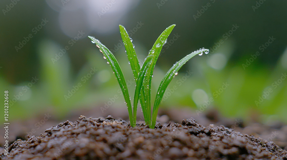 Poster fresh green sprout emerging from soil with water droplets in macro view