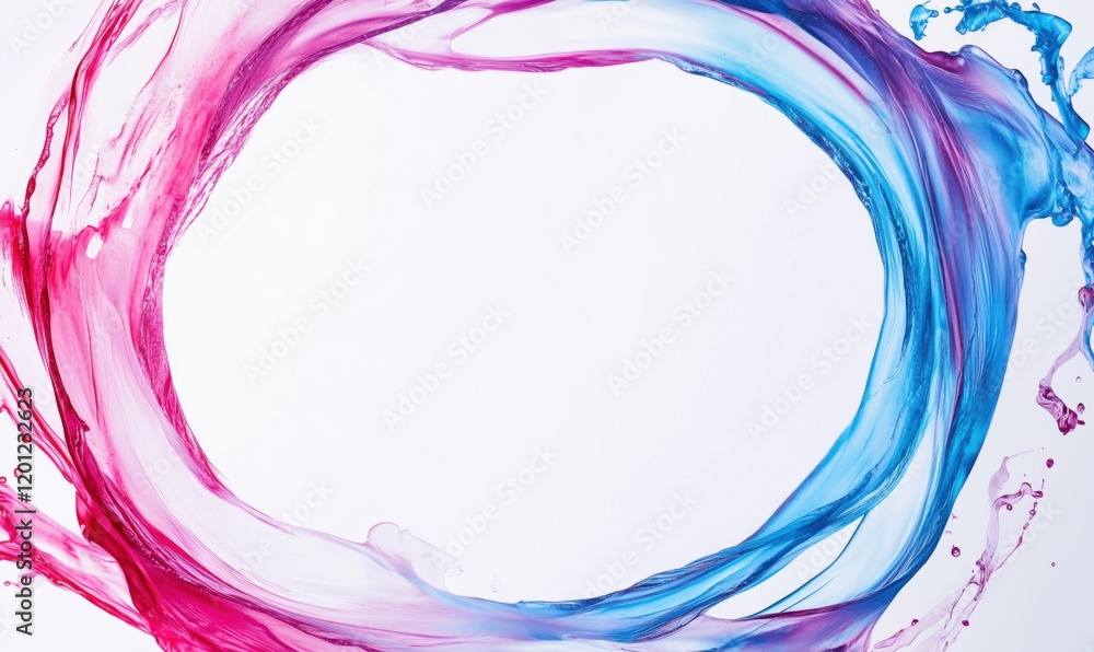 Poster vibrant pink and blue water splash circular frame with empty center for text or graphics