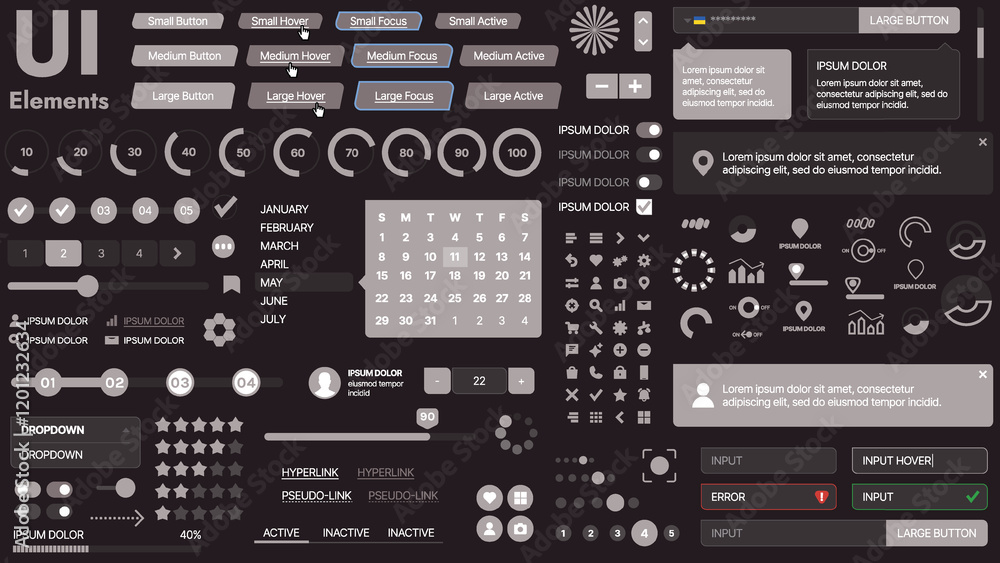 Poster a modern ui kit featuring a collection of buttons, icons, navigation menus, and responsive design el