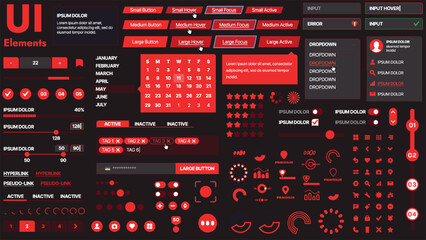 A modern UI kit featuring a collection of buttons, icons, navigation menus, and responsive design elements. Includes login forms, media players, search bars, and calendars, ideal for apps, websites