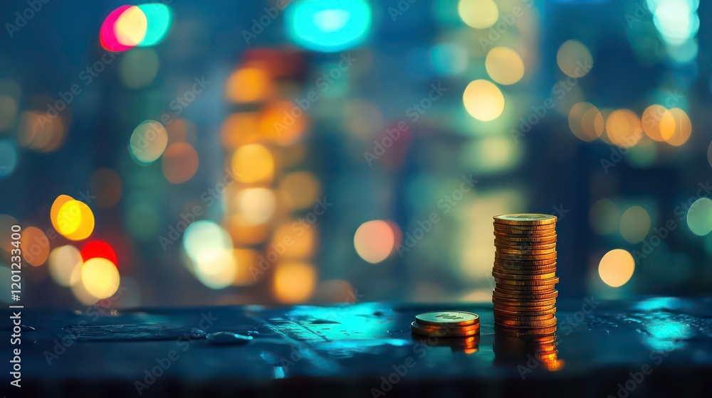 Poster stack of gold coins on a reflective surface with a blurred city lights background.