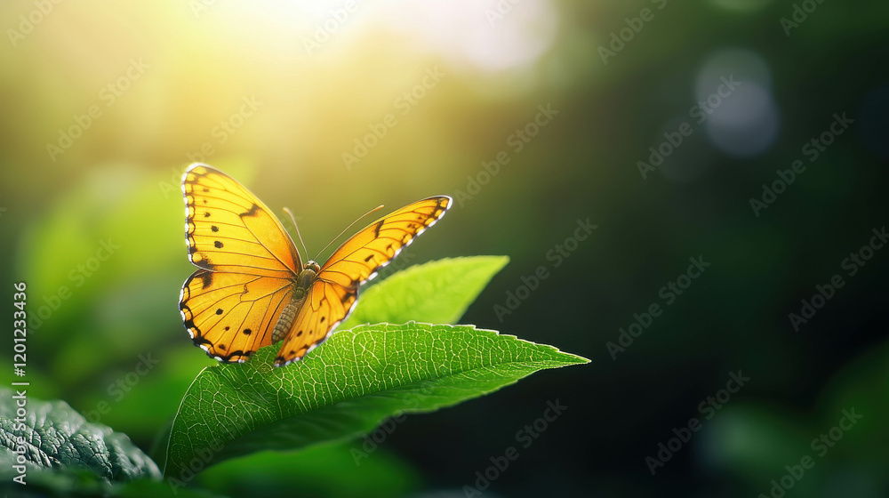 Poster vibrant butterfly resting on leaf in natural setting with soft background light