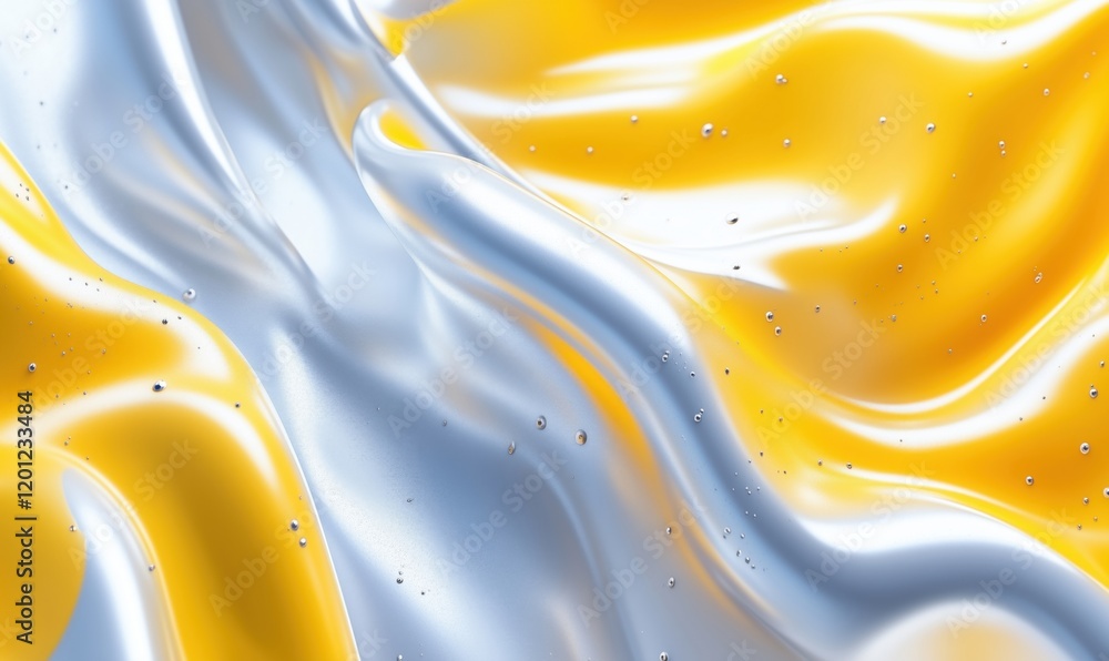 Poster flowing silk fabric with shimmering silver and vibrant yellow waves, creating a dynamic and elegant 