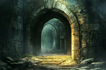 Fototapeta premium Mysterious stone archway inside an ancient underground structure