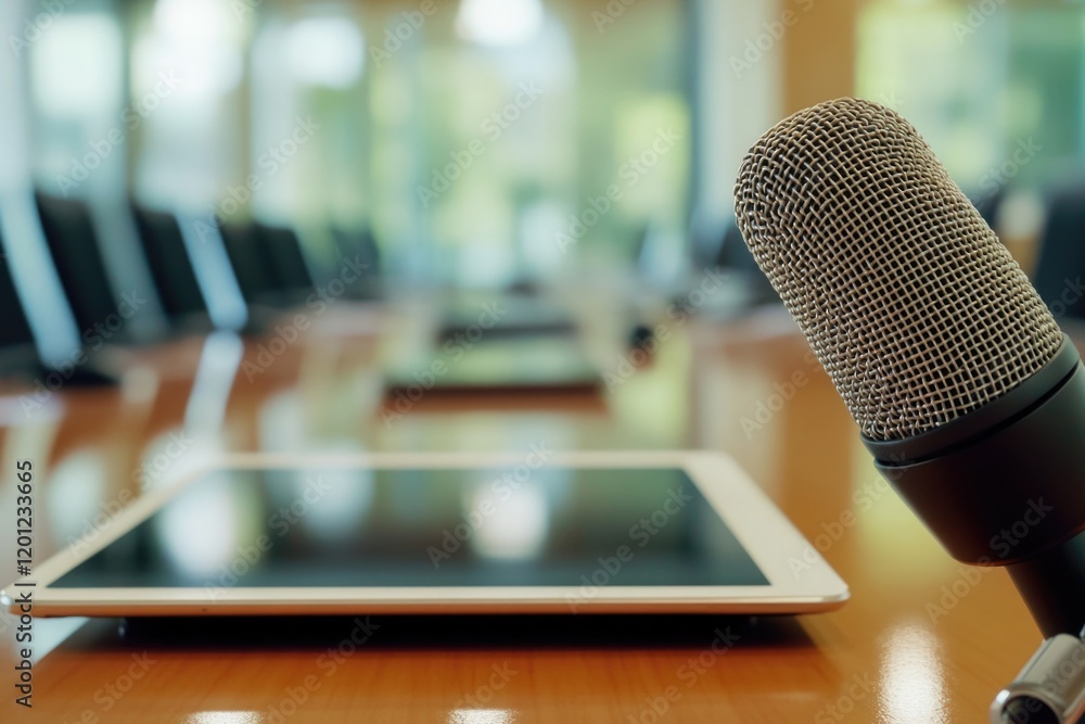 Poster A close-up shot of a microphone placed next to a tablet computer, ideal for use in presentations, podcasts or video recording