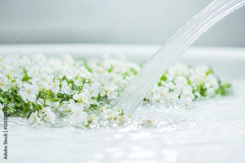 Poster a detailed view of a bowl filled with white flowers submerged in water, ideal for use in designs foc