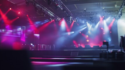 Empty Stage with Red and Blue Lights Ready for Event or Performance with Smoke
