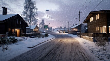 Snowy Village Street at Night