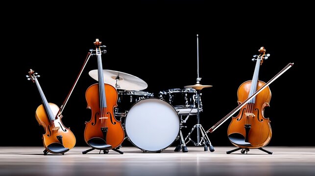 String quartet and drums on a dark stage