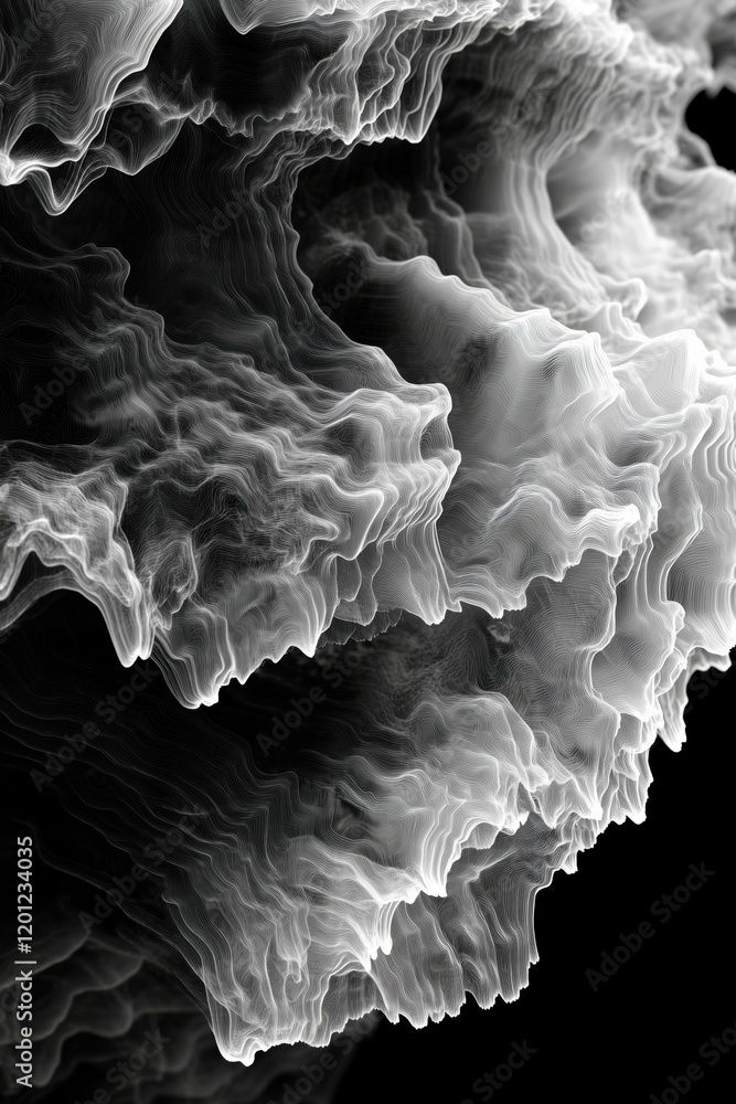 Poster abstract monochrome wave patterns resembling fluid dynamics and organic forms, showcasing intricate 