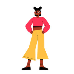 Female Character In Pink Top And Yellow Pants In Flat Vector Illustration Symbolizing Fashion, Street Style, And Confidence, Isolated On White Background