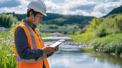 春先の河川増水に備え水位計を確認する日本人自治体職員、地域の安全を守る現場