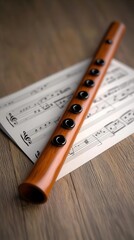 Wooden flute resting on a sheet of music, showcasing musical harmony and creativity.