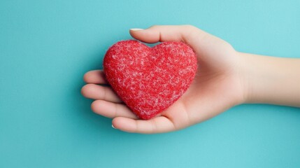Fototapeta premium A person cradles a vibrant red heart in their hands, showcasing warmth and affection against a calming blue background