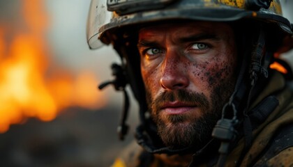 Obraz premium Caucasian male firefighter with bearded face battling blaze in intense close-up portrait