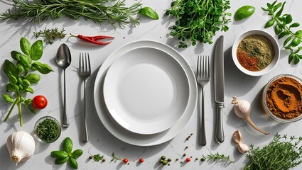 A white dinner plate with a fork and knife shows a healthy meal of vegetables and salad