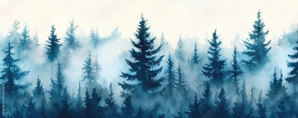 Poster misty watercolor concept. a serene forest scene with tall trees enveloped in soft mist and tranquil 