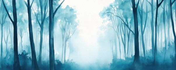 Obraz premium Misty watercolor concept. Mystical forest landscape enveloped in serene blue mist, inviting nature exploration.
