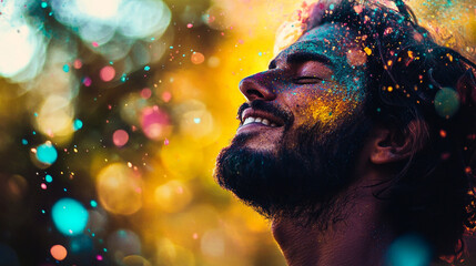 Man enjoying colorful festival with vibrant powder and joyful expressions outdoors