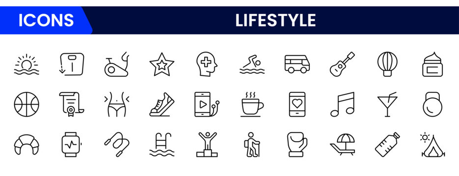 Lifestyle icon set. Containing healthy lifestyle, diet, exercise, sleep, relationships, running, routine, self-care, culture and hobbies icons.