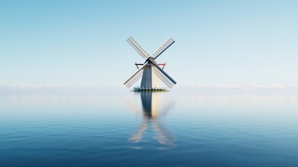 A serene windmill reflecting in calm waters under a clear sky.