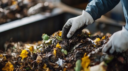 A person wearing gloves sifting through compost, mixing organic materials with colorful flowers and plant debris in a large container.