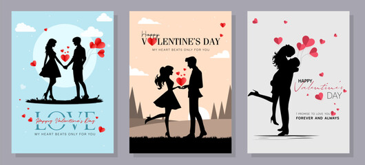 Valentine's Day concept set. Love word lettering, calligraphy hand drawn heart. Valentine's Day background. Card, poster, cover set. Modern design trendy minimal typography. Line drawing.