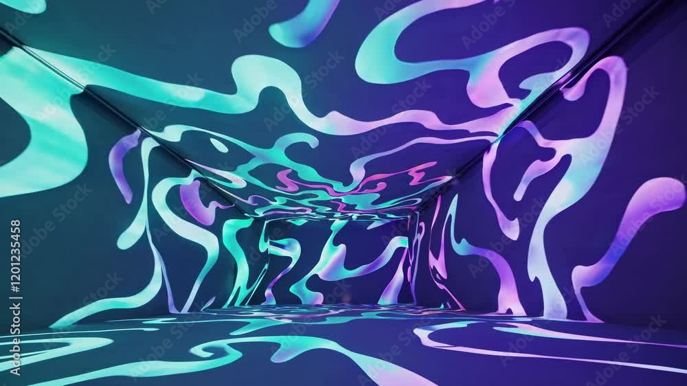 Poster vibrant abstract immersive digital art in a room, projection mapping of slow moving abstract pattern