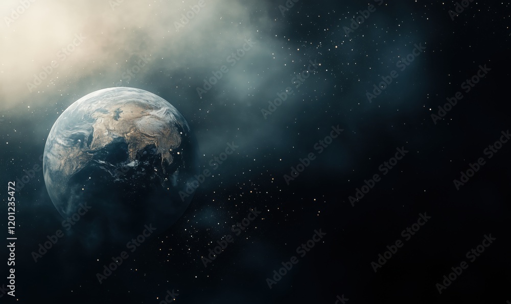 Poster earth in space surrounded by stars and cosmic dust, captivating view of planet from outer space, dar