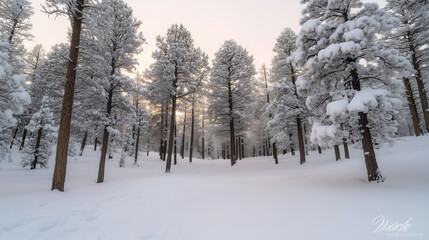 snowy forest at sunrise with trees and footprints conveys serene and peaceful winter morning