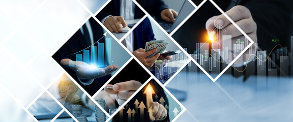 Business investment and development collage banner.Investment analysis and planning strategy.Data...