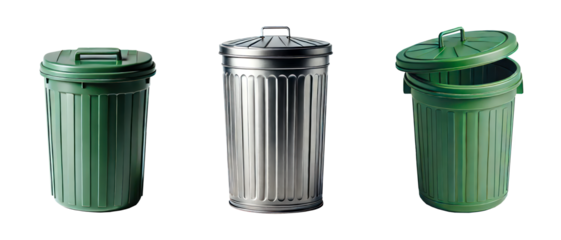 A detailed image of three trash cans, featuring green plastic and silver metal designs with lids on transparent background, PNG