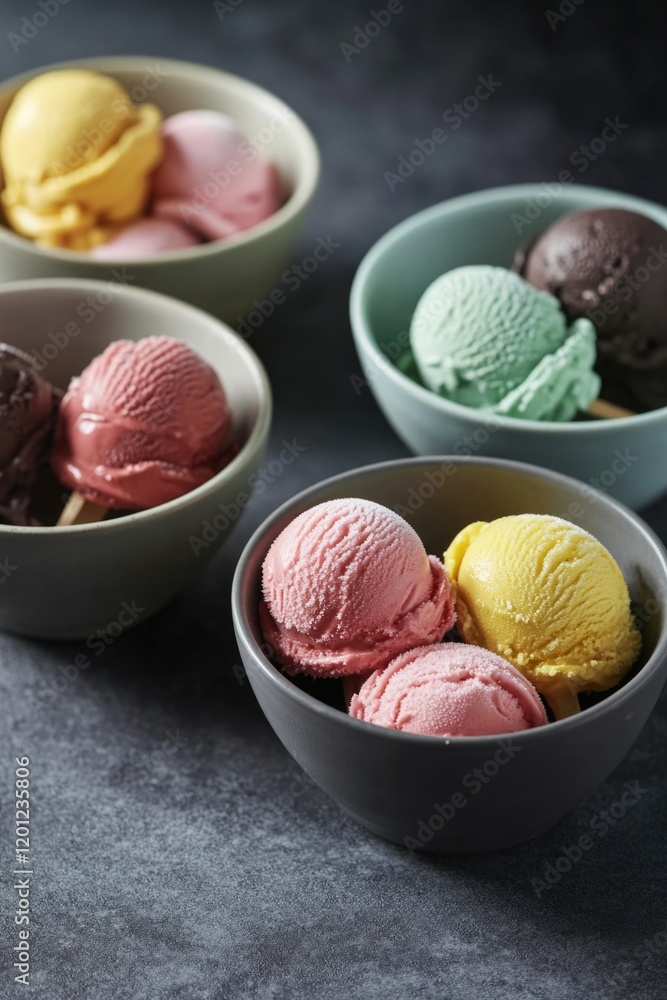 Aufkleber three colorful ice cream bowls on a table