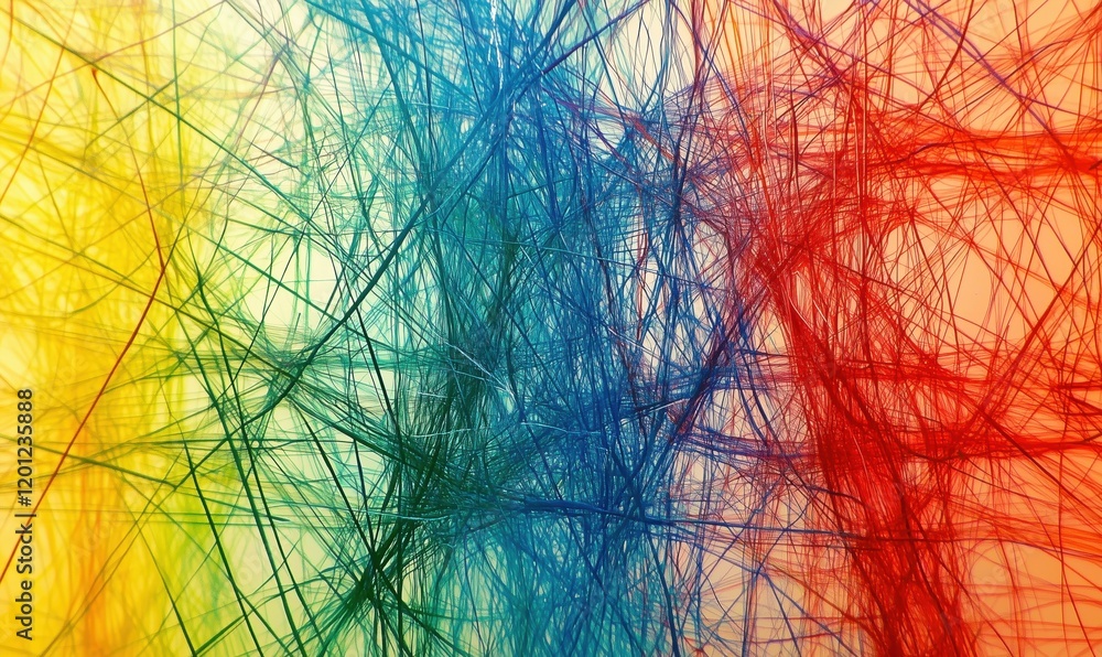 Poster colorful abstract lines creating dynamic texture and depth in vibrant hues of red, blue, green, and 
