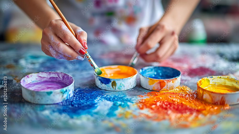Poster Hands create colorful art with brushes and paint on a messy surface in a creative space