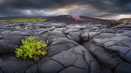 Stunning Volcanic Landscape with Emerging Green Life; Dramatic Volcanic Scene; Resilient Plant Life in Lava Flow; Intricate Lava Formations; Powerful Volcanic Force