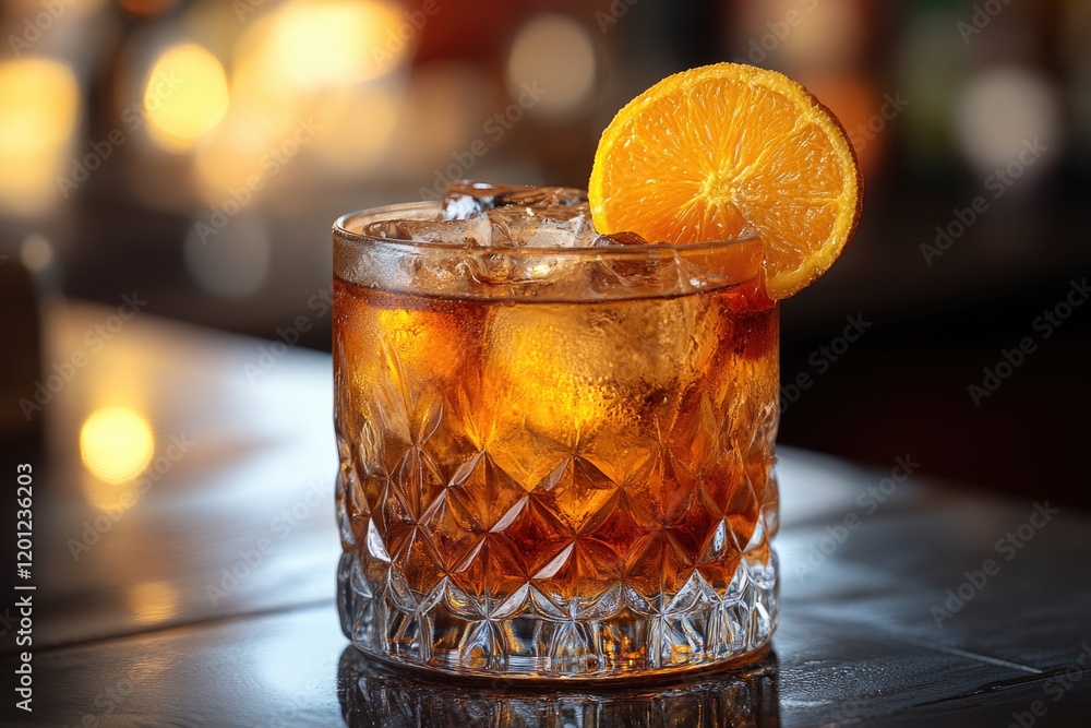 Poster a close-up shot of a glass filled with liquid and featuring an orange slice garnish
