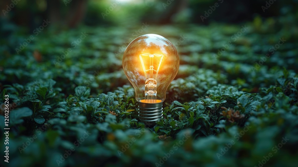 Poster A single light bulb sits atop a vibrant green field, potentially used as a symbol or metaphor in various contexts
