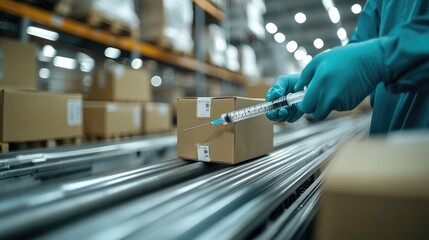 A person wearing blue gloves holds a syringe, suitable for medical or scientific illustrations