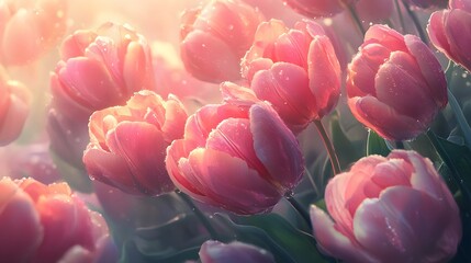 Pink Tulips Glistening in Morning Sunlight