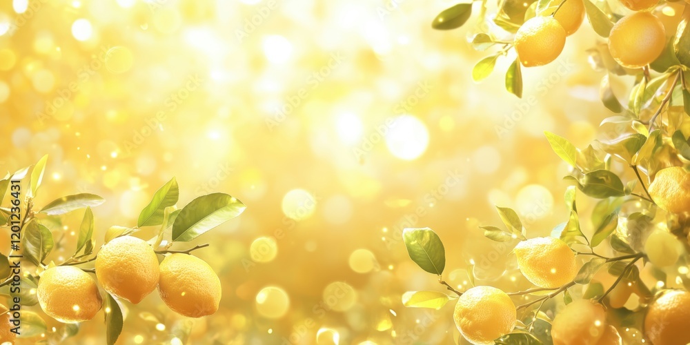 Aufkleber lemon branches adorned with bright yellow lemons and sparkling golden bokeh background, creating a v