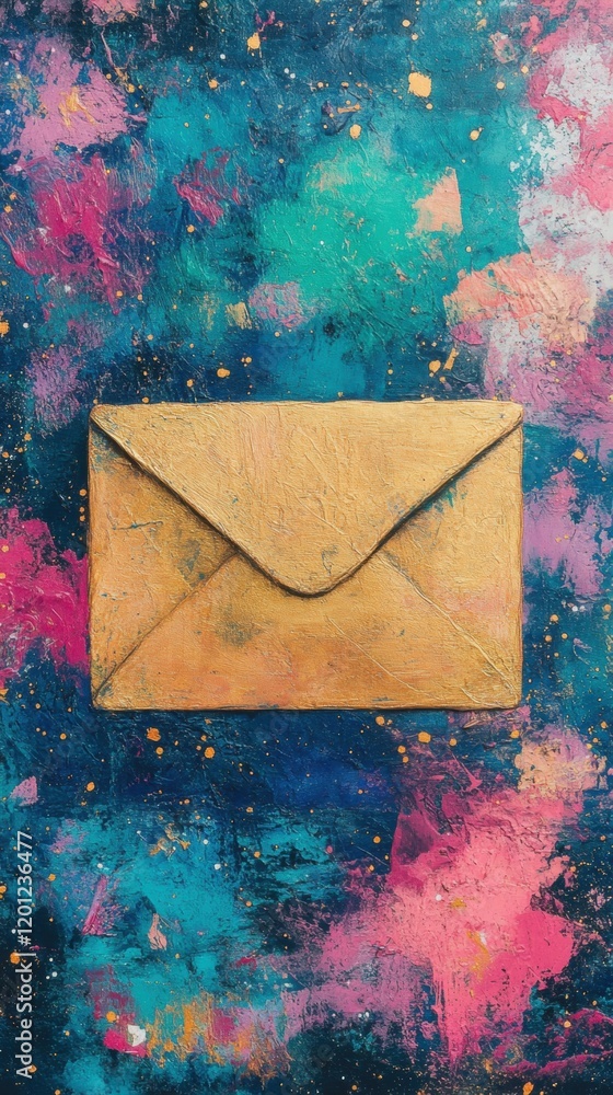 Poster a golden envelope stands out against a vivid cosmic backdrop filled with swirling colors and glitter