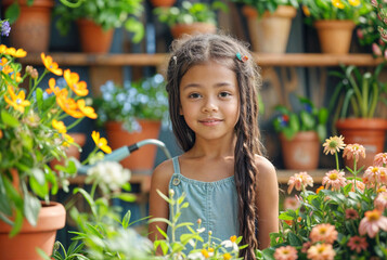 Small black girl in spring or summer backyard with flower pots. Cute african american kid. Happy child works in garden with plants, daisy, grass. Spring farm girl, environment bg. Flower care girl