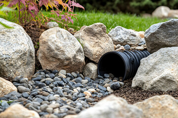 Outdoor French drain system illustrated with a drainage pipe surrounded by stones and gravel