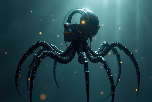 Futuristic spider robot exploring dark and mysterious environment