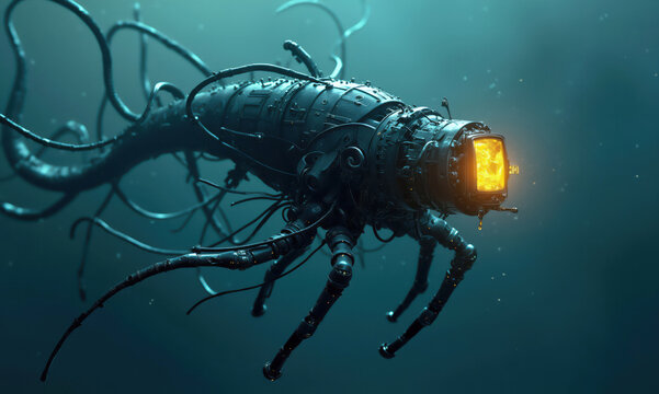 Futuristic mechanical squid exploring deep ocean depths with glowing core