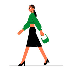 Woman Walking With Green Handbag And Wearing Black Skirt In Flat Vector Illustration Symbolizing Fashion, Style, And Confidence, Isolated On White Background